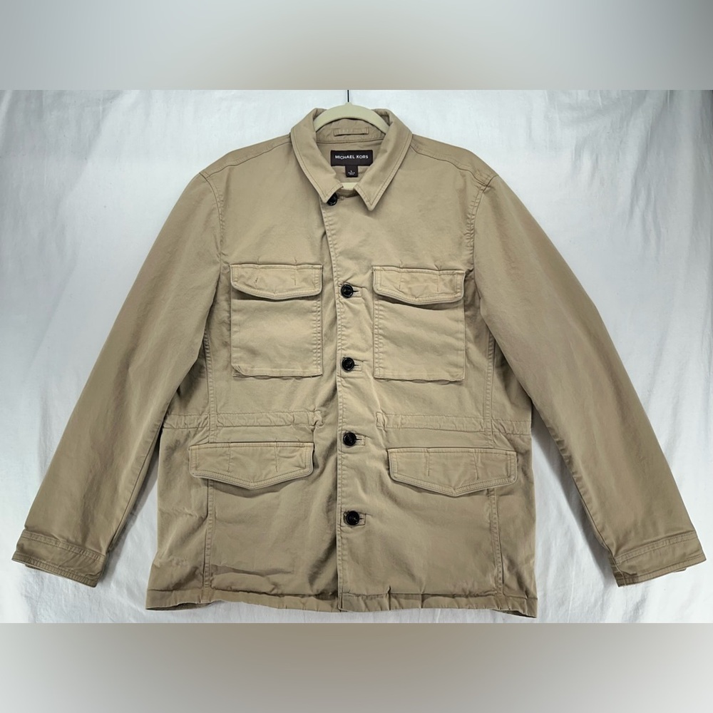 Michael Kors Mens Field Utility Jacket Coat Tan Khaki Cotton Canvas Size L